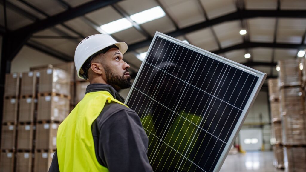 Male worker carrying solar panel